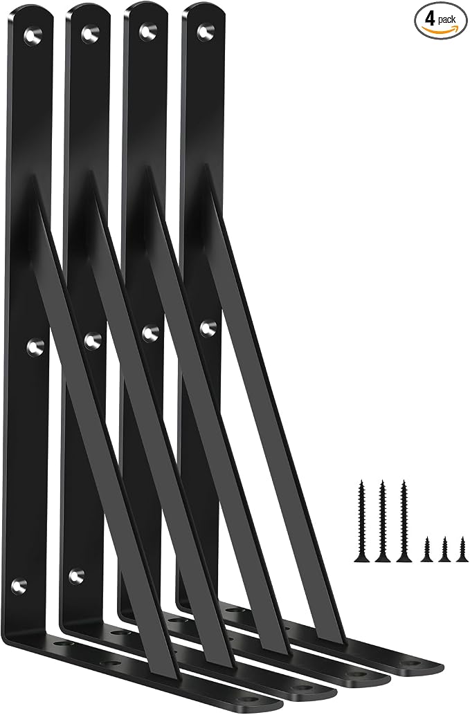 4 Pack L12 x H 8" Black Heavy Duty Shelf Brackets with Screws Metal Shelf Brackets Shelf Support Angle Brackets for Shelves L Brackets Heavy Duty Floating Shelf