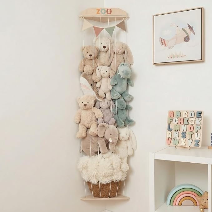 Stuffed Animal Storage Zoo with Decorative Muslin Garland - Cute Wooden Toy Storage Organizer for Kids Playroom or Nursery - Clever and Easy to Assemble Corner Wall Holder Maximizes Small Spaces