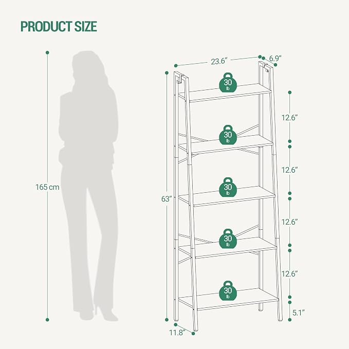 Hzuaneri Ladder Shelf, Bookshelf Bookcase, Freestanding Corner Storage Shelve with 2 Hooks for Home Office, Living Room, Kitchen, Bedroom, Industrial, 11.8" D x 23.6" W x 63" H, Rustic Brown BC19301B