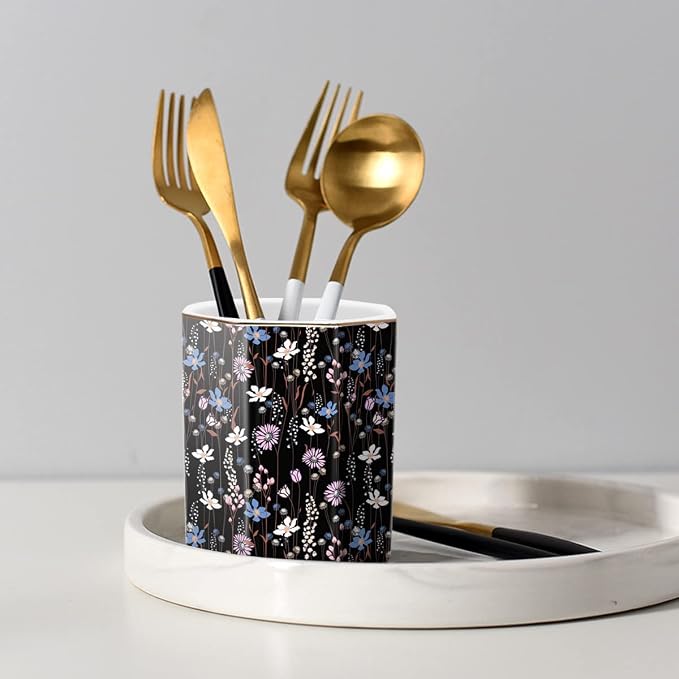 Ceramic Floral Pen Holder for Desk, Cute Large Capacity Colored Pencil Organizer for Office, Makeup Brush Holder for Girl Women, Black Flower