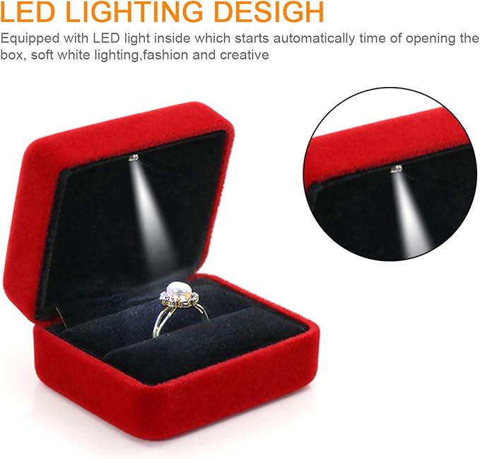 Velvet Ring Box with LED Light Jewelry Display Gift Box for Proposal,Engagement, Wedding