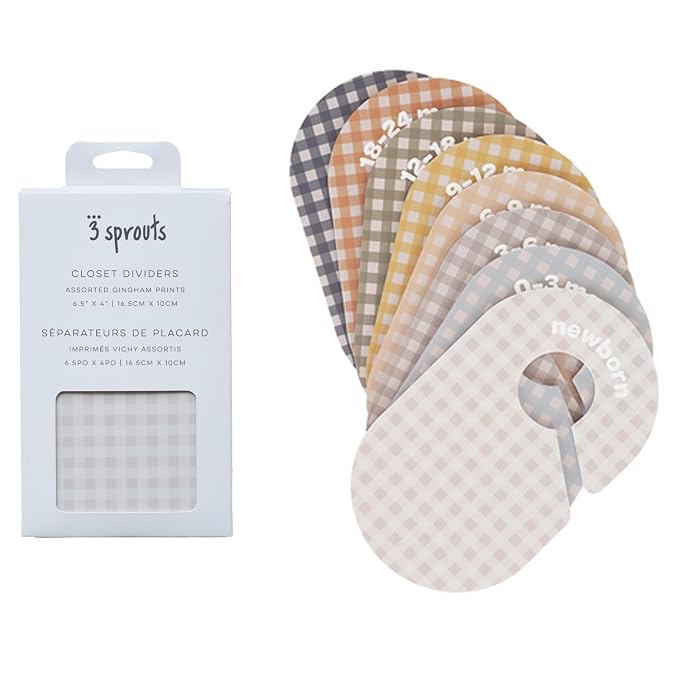 3 Sprouts Baby Closet Dividers, Newborn to 2T, Gingham, 8 Piece Set | Newborn to 2T sizing, 8-piece set, Double-sided size labels, Age labels, Nursery closet storage, Baby clothes organizer