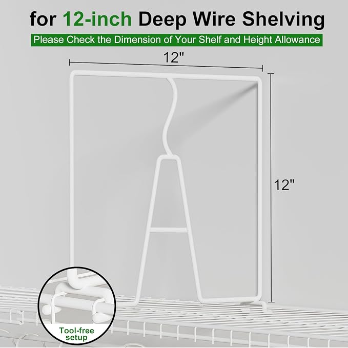 SortNStore Wire Shelf Dividers for Closet: 12-inch Tall 12-inch Deep 6 Pack Wire Rack Accessories - Adjustable Purse Organizer for Clothes Handbags - Metal Linen Closet Pantry Separators