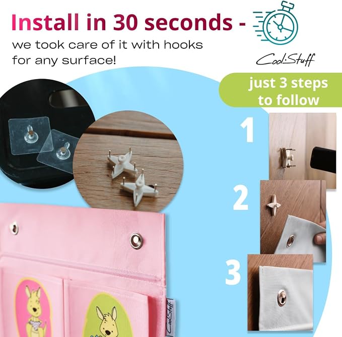 Room Hanging Storage Organizer, Fun & Colorful Storage & Organization for Clothes, Toys, & More. Wall & Door Attachable, Water-Resistant. Ideal for Kids' Room, Locker Kindergarten or Playroom (Pink)