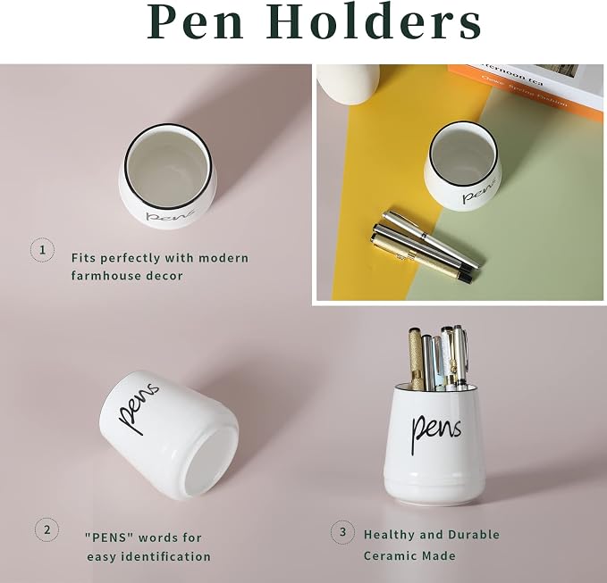 LEETOYI Ceramic Farmhouse Pen Holder for Desk, Pencil Organizer 16oz (White)