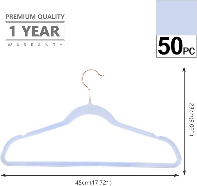 MIZGI Premium Velvet Hangers (50 Pack) Heavy Duty - Non Slip Felt Hangers - Velvet Suit Hangers Light Blue - Rose Gold Hooks,Space Saving Clothes Hangers