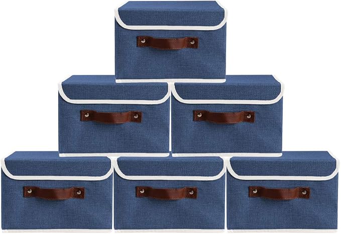 2Pack Storage Bins Boxes with Lids 15"x10"x10" Decorative Storage Baskets | Cotton Linen Fabric, Collapsible, Faux Leather Handles, Storage Cubes, Closet Shelf Clothes Organizer Container, Blue