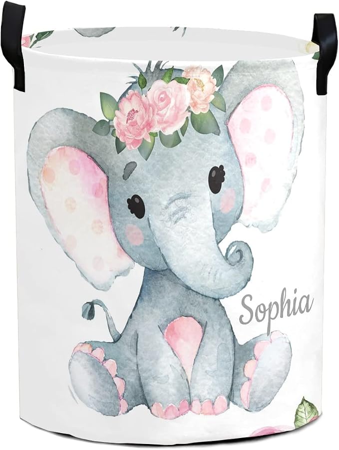 Pink Flower Elephant Laundry Basket Personalized Name Waterproof Laundry Hamper with Handles for Laundry Room Bathroom College