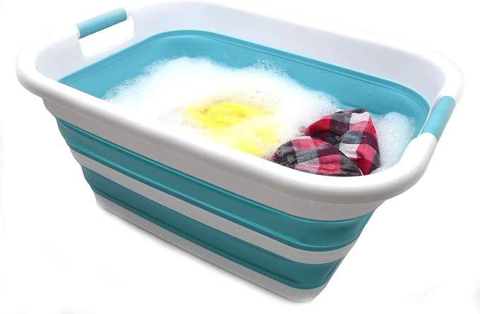 SAMMART 41L(10.8 gallon) Collapsible Plastic Laundry Basket-Foldable Pop Up Storage Container-Portable Washing Tub-Space Saving Basket,Water capacity 31L(8.2 gallon) (1, Bright Blue)