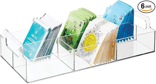 mDesign Compact Plastic Tea Storage Organizer Caddy Tote Bin - 6 Divided Sections, Built-in Handles - Holder for Tea Bags, Packets, Sweeteners and Small Packets - Lumiere Collection - Clear
