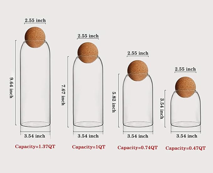 4 Pack Lead-free glass bottle sealed jar with spherical cork , nut storage coffee bean Mason Jars Food Storage Canister for Serving Spice Sugar Salt Tea Coffee