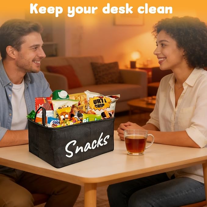 Snack Organizer Basket for Home Office: Snack Storage Bin for Pantry Shelf Countertop (Black)