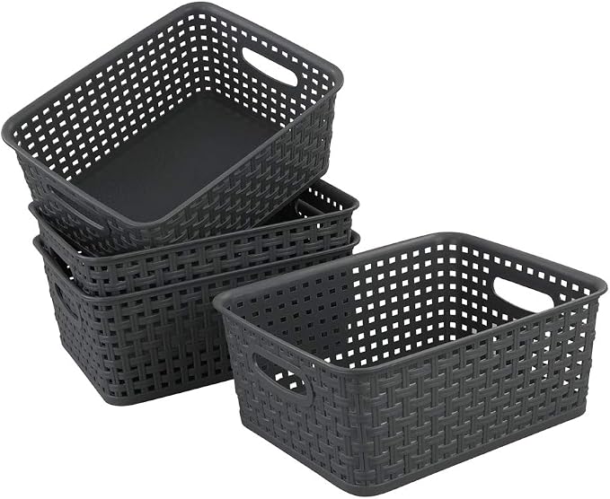 4-Pack Small Storage Baskets, Woven Plastic Basket, Gray | 10" x 7.7" x 4", Home Organization, Space - Saving Storage, Stylish Design, Organizer Baskets for Cabinet, Closet, Office