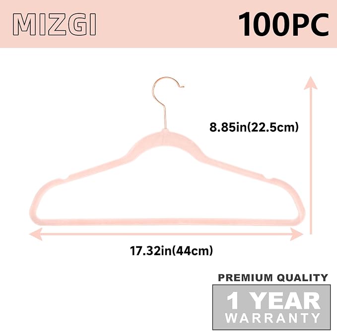 MIZGI Premium Velvet Hangers 100 Pack Heavy Duty - Non Slip Felt Hangers - Blush Pink - Rose Gold 360 Degree Swivel Hooks,Space Saving Clothes Hangers,Durable Strong Hangers for Suits,Coats,Dress