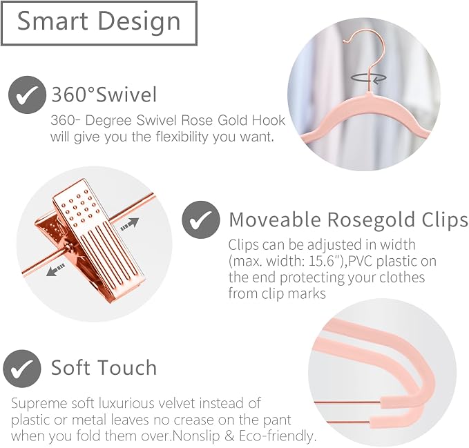MIZGI Premium Velvet Pants Hangers with Clips (Pack of 30) Slim Skirt Hangers- Non Slip Felt Outfit Dress Hangers Blush Pink - Copper/Rose Gold Hooks,Space Saving Shirt Clothes Hangers