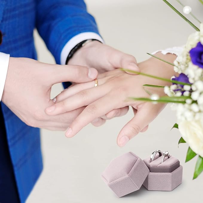 DesignSter Hexagon Velvet Ring Box - Premium Gorgeous Vintage Double Ring Display Holder with Detachable Lid for Proposal, Engagement, Wedding, Ceremony(Vintage purple)