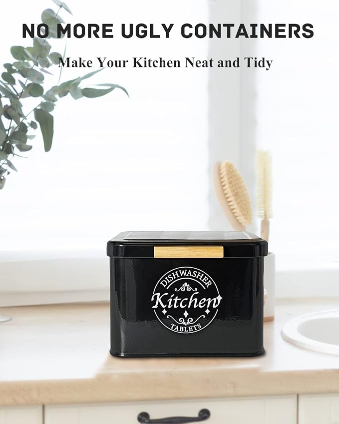 Dishwasher Pod Container with Hinged Lid. Farmhouse Metal Dishwaser Pods Holder for Kitchen Cabinet Organizer. Modern Kitchen Decor and Accessories. Dishwasher Detergent Tablet Storage (Black)
