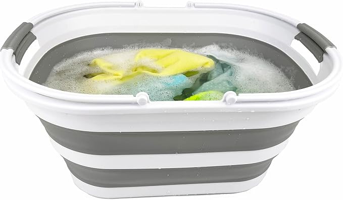 SAMMART 38L (10 Gallons) Collapsible Plastic Laundry Basket - Foldable Storage Container/Organizer - Portable Washing Tub - Space Saving Laundry Hamper (White/Grey)