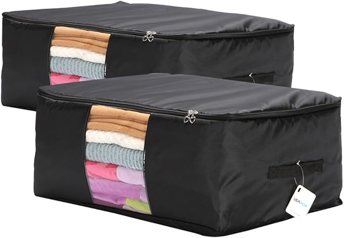 Comforter Storage Bags Pack of 2,Pillow Beddings/Blanket Clothes Organizer Storage Containers with Zippers,Breathable and Moistureproof(Black,2pcs)