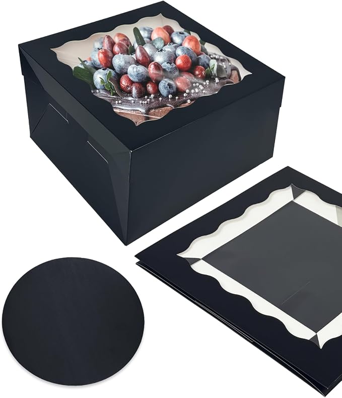 qiqee Black 10x10x8 Cake Box, 18 Sets Cake Box with Window ＆ 18 Sets 10" Cake Round Boards, 10inch Cake Containers, 10 Meters Pink Silk Ribbon Includes