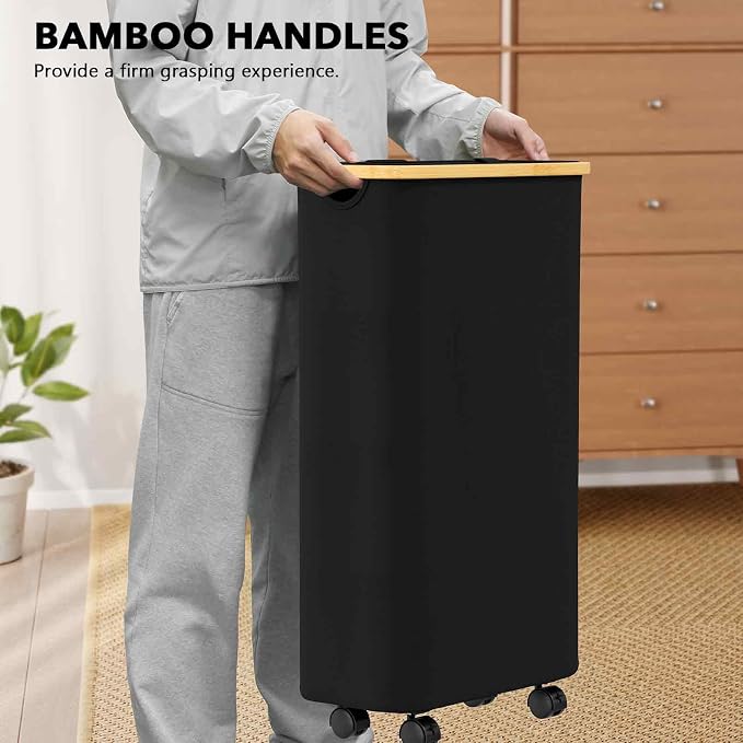 SpaceAid Slim Laundry Hamper with Wheels and Lid,62L Rolling Narrow Clothes Basket with Bamboo Handle, Large Laundry Hamper for Bedroom, Bathroom, Dorm, Laundry Room - Black