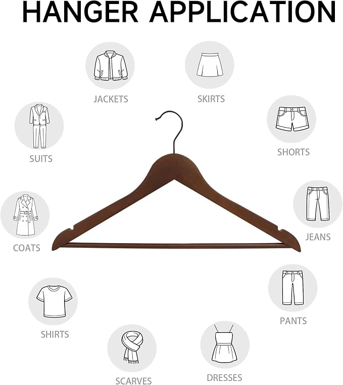 Quality Wooden Clothes Hangers, Solid Wood Suit & Coat Hangers with Pants Bars, Swivel Hook, Shoulder Notches, Heavy Duty Hangers for Shirts, Jackets, Dresses & Trousers(Walnut/12-Pack)