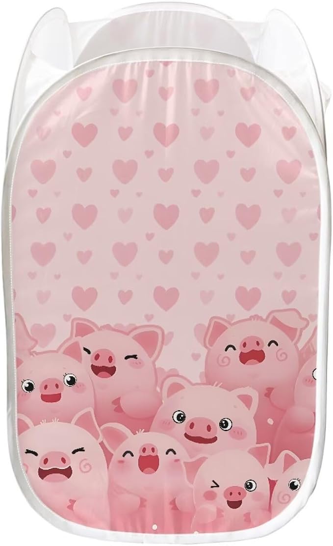 AFPANQZ Popup Laundry Hampers with Mesh Pocket Collapsible for Storage, Pig Heart Print Easy to Open Folding Pop Up Clothes Hampers 61L,13.5x13.5x21 inches