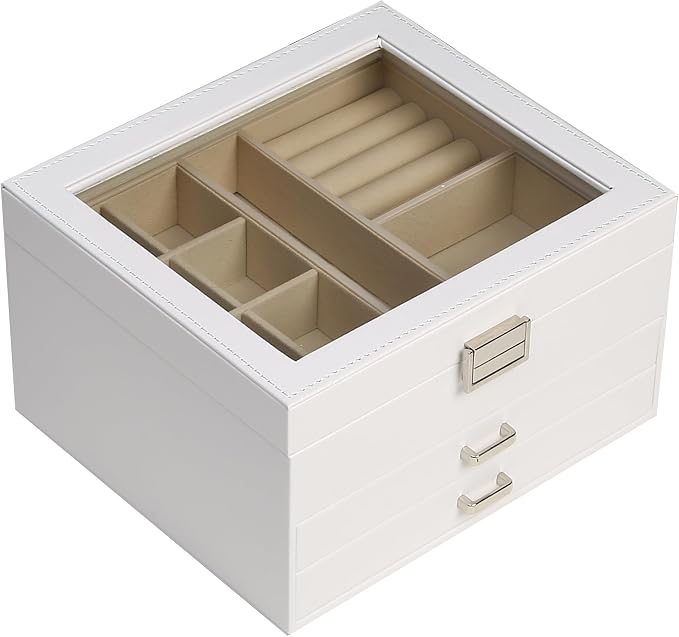 BOOVO Clear Lid Jewelry Box,3 Layers Jewelry Organizer Large Jewelry Storage Box with 2 Drawers,Jewelry Holder Organzier of Rings Earrings Necklace Bracelets for Women (White, 3 Layer)