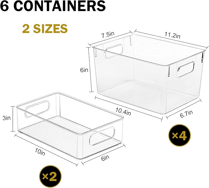6 Pack Kitchen Organizers And Storage Clear Plastic Storage Bins Fridge And Pantry Organizers Food Cabinet Countertops Cupboard Bathroom Organizers