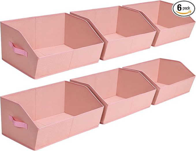 Homsorout Closet Baskets for Shelves Trapezoid - Decorative Storage Baskets with Handle, Closet Bins for Organization, Shelf Storage Bins for Clothes, Books, Home, Office, 6 Pack, Pink
