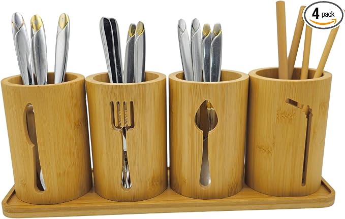 Bamboo Cutlery Holder Set - 4 kitchen Utensils Holder with Bamboo Tray | Decorative kitchen countertop Cutlery Stand | Utensil holder - knife, fork Spoon and Straw holders