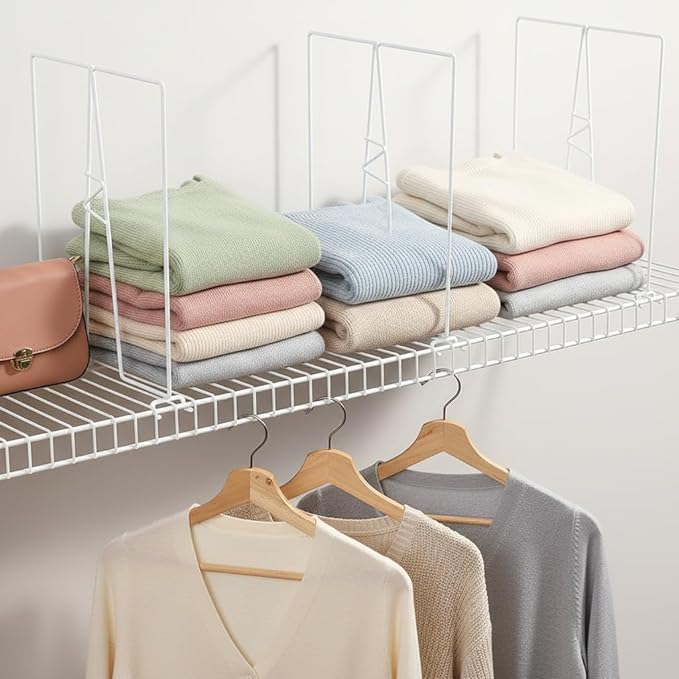 Wire Shelf Dividers - White Closet Organization & Storage Organizer - No Tool Shelf Divider for Wire Shelves - Metal Shelf Accessories – for 12“ Deep Wire Shelves – Tall 16” Height – 4 Pack