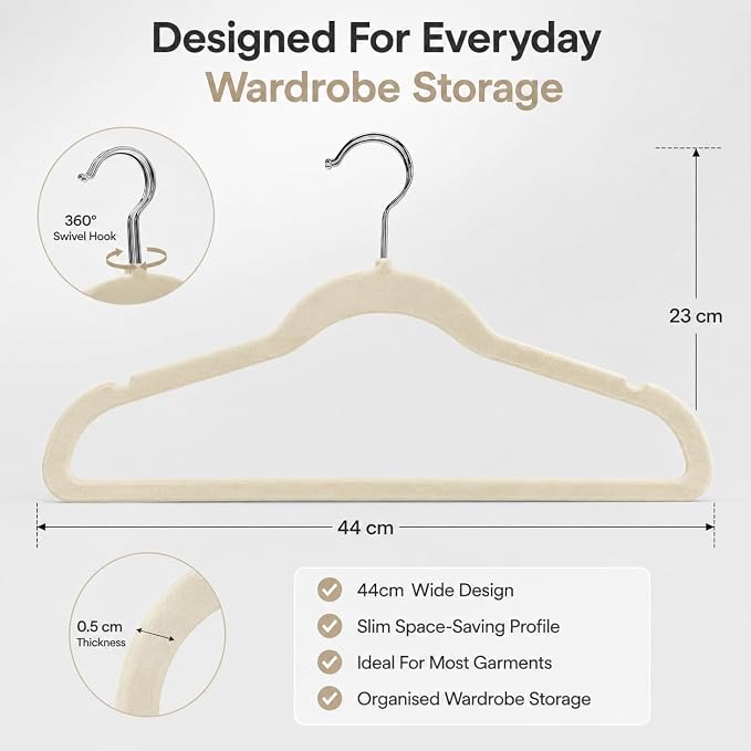 1ABOVE Premium Quality 20 Pack Non-Slip Velvet Hangers (44cm) Heavy Duty Velvet Suit Hangers with Tie Bar, 360° Swivel Hooks – Space Saving, Sturdy to Hold Jacket, Jumper & Pullover(Set of 20-Ivory)