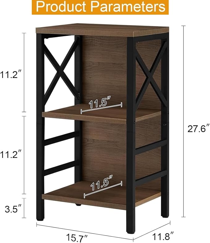 MNEETRUNG Book Shelf, Small 3-Tier Industrial Bookshelf with Strong Metal Frame & Backboard, 15.7" Short Bookcase for Small Spaces, Living Room, Bedroom and Home Office, Brown