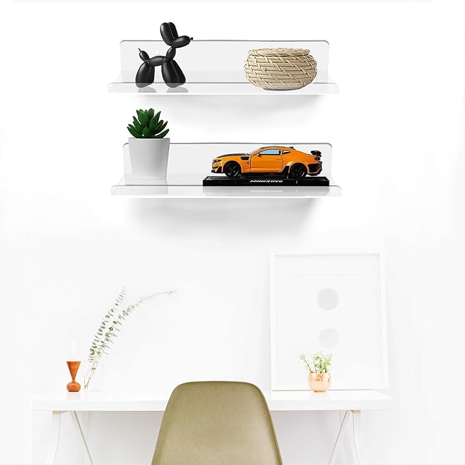 ROYALITA 2-Pack Small Acrylic Shelves Wall Mounted, 12 in Display Shelves | for Small Items, Plants, Room Decor Floating Wall Shelves for Gaming Room, Bedroom, Living Room, Office, Clear