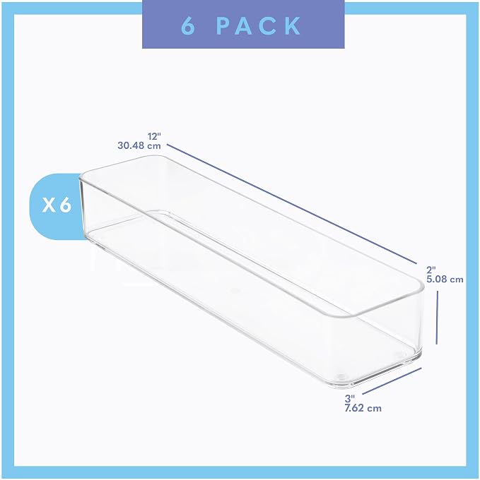 primebox Plastic Clear Drawer Organizers. Bathroom, Kitchen, Bedroom, Gadgets, Office Organizer Bins, Storage Trays. Heavy Duty, Stackable. 12" x 3" x 2" Set of 6