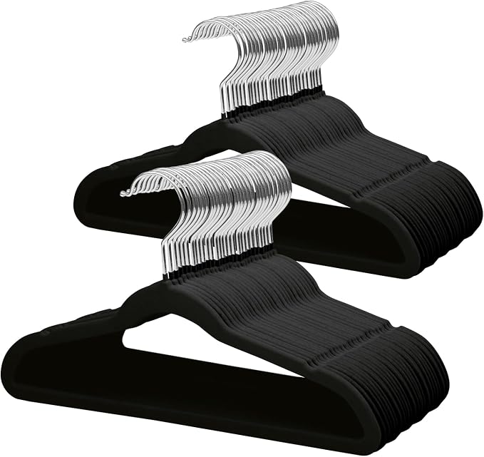 ManGotree 14 Inch Kids Velvet Hangers for Closet, Ultra-Thin Space Saving Children's Clothes Hangers, Non-Slip Felt Toddler Hanger for Youth's Clothes (66 Pack, Black)