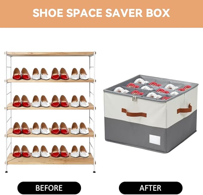 Shoe Organzier for Cloest - Adjustable Shoe Storage Box Fits 8-16 pairs,shoe Bin with Pop-Up dividers,Space Saver shoes Box organizer with Clear Dust Cover,Foldable shoe Cubby Storage Containers