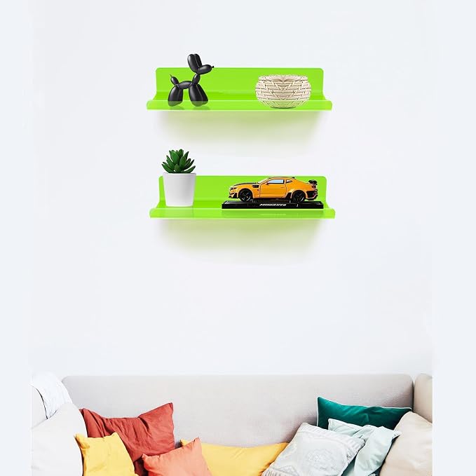 ROYALITA 2-Pack Small Acrylic Shelves Wall Mounted, 12 in Display Shelves | for Small Items, Plants, Room Decor Floating Wall Shelves for Gaming Room, Bedroom, Living Room, Office, Green