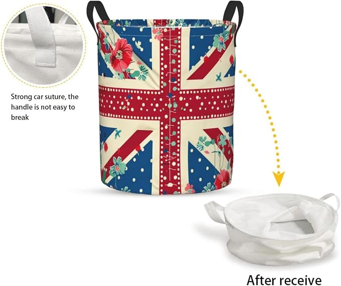 British Flag In The Floral Laundry Basket,Laundry Hamper,Collapsible Storage Bin, Oxford Fabric Clothes Baskets,Nursery Hamper For Home,Office,Dorm,Gift Basket