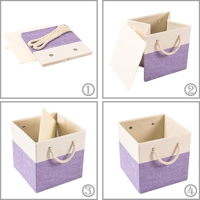 PRANDOM Large Foldable Cube Storage Bins 11x11 inch [4-Pack] Fabric Linen Storage Baskets Cubes Drawer with Cotton Handles Organizer for Shelves Closet Bedroom Purple