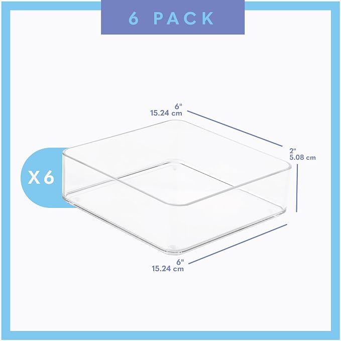 primebox Plastic Clear Drawer Organizers. Bathroom, Kitchen, Bedroom, Makeup, Office Organizer Bins, Storage Trays. Heavy Duty, Stackable. 6" x 6" x 2" Set of 6