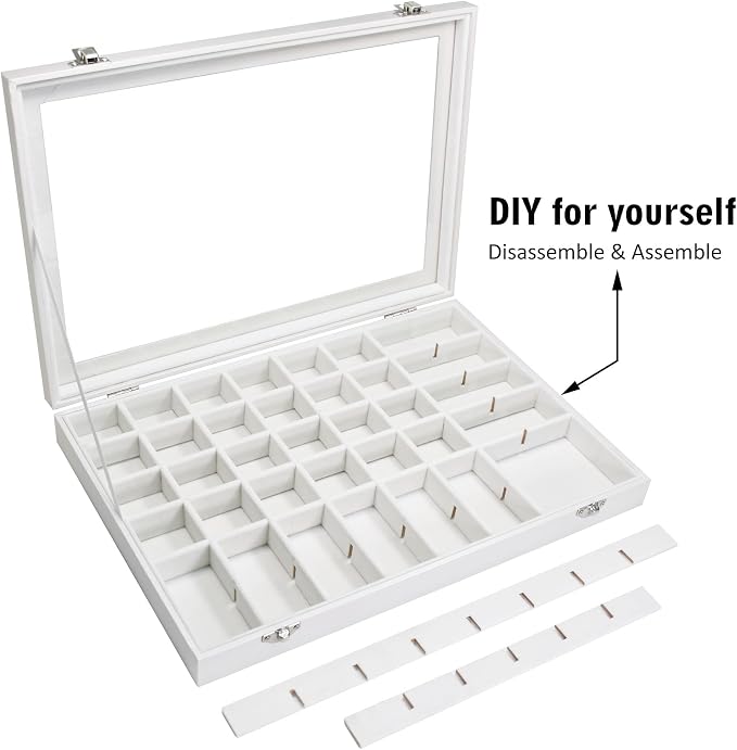 Siveit Jewelry Tray Organizer Box 48 Grid Jewelry Display Organizer Box with Transparent Lid Rings Earrings Necklaces Pendants Display Box Suitable for Women and Girls (48 Grid, White)