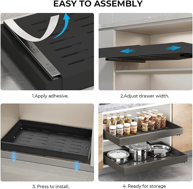 1 Pack Pull Out Cabinet Organizer, Expandable Width (12.2"-20.4") x 16.5'' Deep Slide Out Drawers for Kitchen Pantry Bathroom Cabinets, Load-Bearing Upgrade 3 Slide Rails Fixed with Adhesive Nano Film
