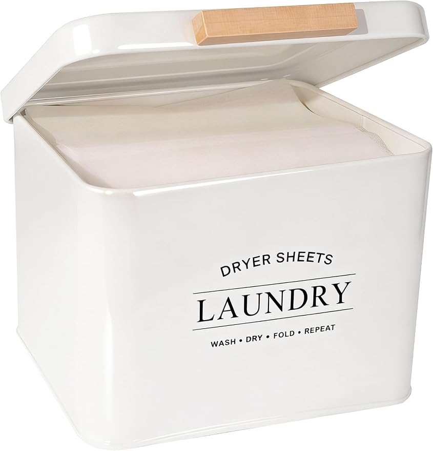 Dryer Sheet Holder with Hinged Lid for Laundry Room Organization, Metal Farmhouse Dryer Sheet Container, Laundry Room Decor and Accessories (Cream)