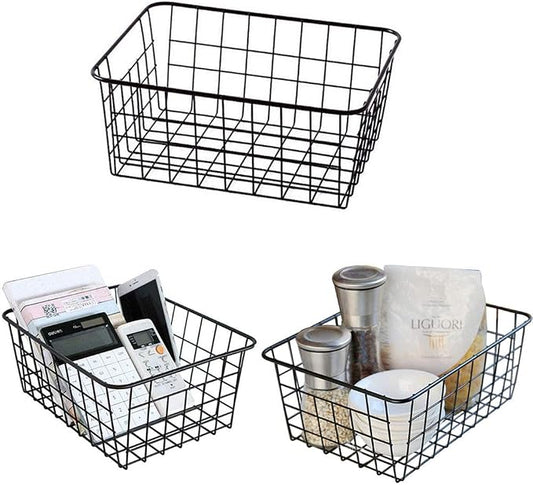 LUANT Metal Wire Food Storage Organizer Bin Basket with Handles for Kitchen Cabinets, Pantry, Bathroom- 11" x 8.6" x 4.5" - 3 Pack - Black