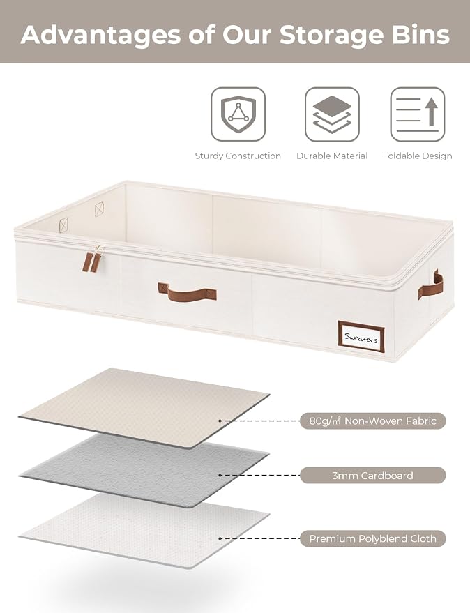 StorageWorks Large Under Bed Storage Containers with Handles and Label Holder, 2 Pack Ultra-thick Fabric Underbed Bins, Closet Organizer for Clothes, Blankets, Sweater