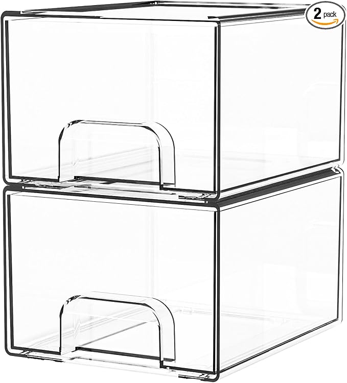 Yieach 2 Pack Clear Stackable Storage Drawers,4.4'' Tall Acrylic Drawer Containers for Organizing,Bathroom Organizers and Storage Bin Box,Plastic Makeup,Medicine Organizer Bins for Cabinet,Undersink