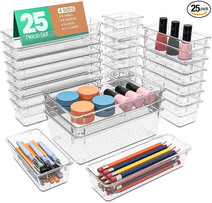 KICHLY 25-Piece Clear Drawer Organizer Set – Multi-Size Storage Trays | Bathroom, vanity, makeup, kitchen & office use | Caddy style | Desk organizer set