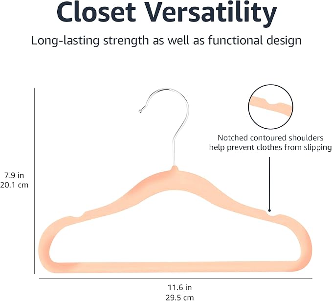 Amazon Basics Kids Space Saving Velvet Non-Slip Clothes Hangers with Shoulder Notches for Infant and Toddler, 11.6", Blush, 50-Pack